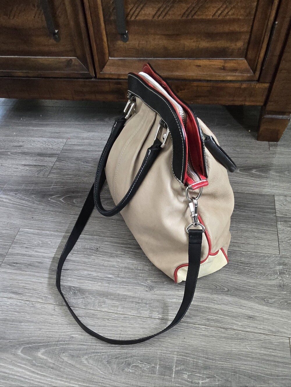 Made in Italy Genuine Leather Satchel Handbag Beige Black Red Shoulder Bag - Picture 2 of 11
